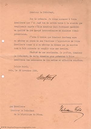 Finely typed document signed, in French with translation, (1872-1957, from 1905 King of Norway)