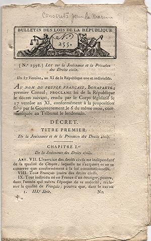 Bulletin of the Laws of the Republic No. 255, in French, (Bonaparte, 1769-1821, 1st Consul 1799-1...