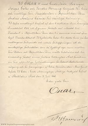 Finely penned Document signed, in Swedish with translation, (1829-1907, from 1872 King of Sweden)