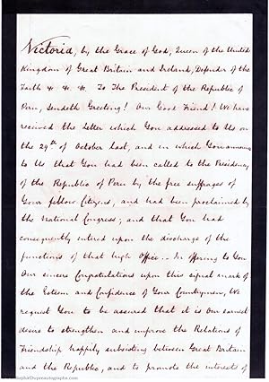 Document signed, to the President of Peru, (1819-1901, from 1837 Queen of Great Britain)