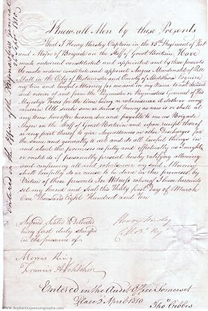 Document Signed appointing Angus Macdonald of Pall Mall (Henry, 1783-1820, Captain 85th Foot, Bri...