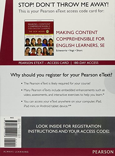 Making Content Comprehensible for English Learners: The SIOP Model -- Enhanced Pearson eText
Making Content Comprehensible for English Learners: The SIOP Model -- Enhanced Pearson eText