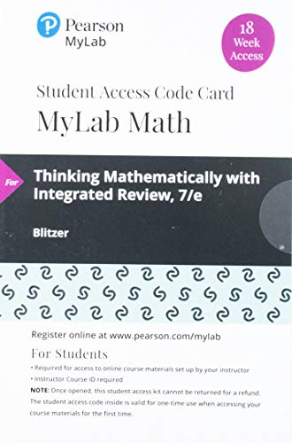 MyLab Math with Pearson eText -- 18 Week Standalone Access Card -- for Thinking Mathematically with Integrated Review
MyLab Math with Pearson eText -- 18 Week Standalone Access Card -- for Thinking Mathematically with Integrated Review