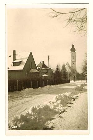 Ansichtskarte München Solln Straßenszene mit Johann Baptist Kirche im Winter (ca 1940)