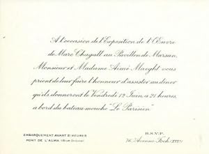 A l`occasion de l`Exposition de l`Oeuvre de Marc Chagall au Pavillon de Marsan. Einladungskarte /...