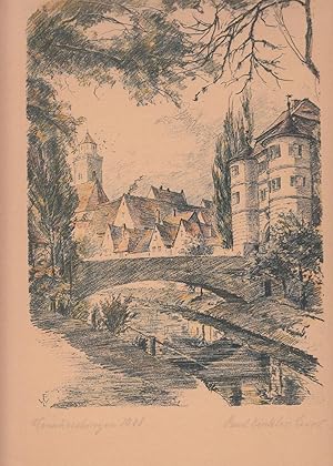 Original Farbradierung: Donauwörth - Riedertor mit Brücke und altem Stadtgraben, Hintergrund Teil...