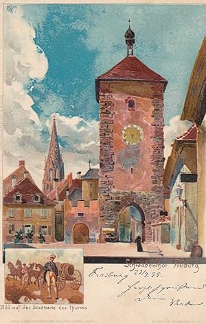 Farbige lithographierte Postkarte Schwabentor mit Wiedergabe des Bildes auf der Stadtseite als kl...