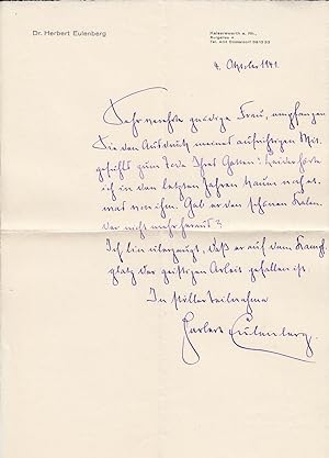 Autograph: Kondolenzbrief an eine Witwe. Datiert Kaiserwerth a.Rh. 4.Oktober 1941."Ich bin überze...