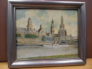 Dresden. Ansicht von der Elbe auf Hofkirche und Schloß. Ölgemälde auf Platte um 1930.