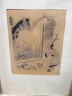 Ein Chinese zeichnet Pferd und Zebra. Original-Tuschfederzeichnung/Bleistift auf Büttenpapier.