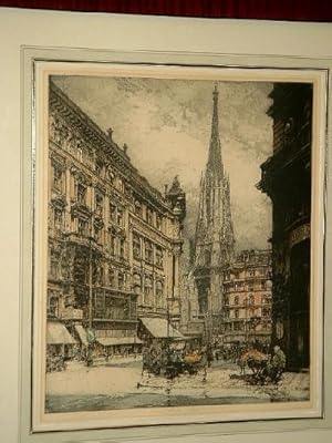 Wien. Blick auf den Stephansdom. Farbradierung.