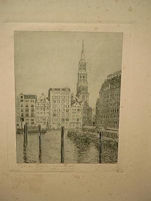 Fleet und Katharinenkirche Alt-Hamburg. Original-Radierung von Albrecht Fathe.