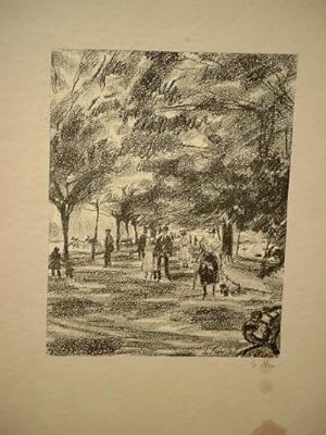 Spaziergänger an der Alster. Signierte Lithographie um 1920. ( = Blatt 1 der Folge *Ein Spazierga...