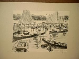 Lebhaftes Ruder- und Segelboottreiben auf der Alster. Signierte Lithographie um 1920. ( = Blatt 4...