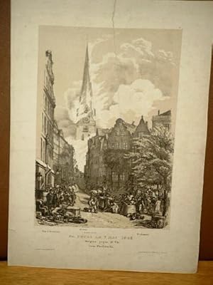 St. Petri am 7. Mai 1842 morgens gegen 10 Uhr vom Fischmarkt. Kreidelithographie von Otto Speckte...