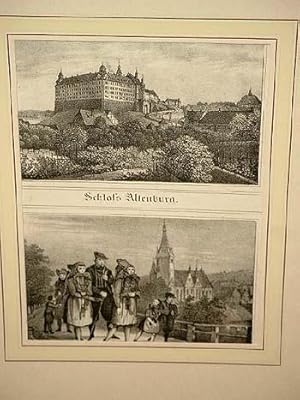Schloss Altenburg; Altenburger Volkstrachten. 2 Ansichten untereinander auf einem Blatt. Lithogra...