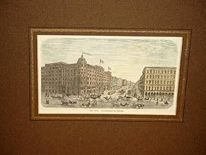 Chicago: " State Street in Chicago ". Altkolorierter Holzstich um 1860.