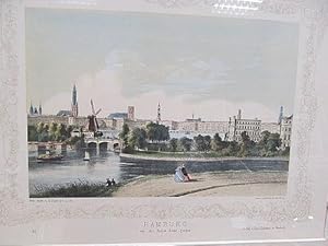 Hamburg von der Aussen-Alster gesehen. Kolorierte Lithographie ( Doppeltondruck ) .