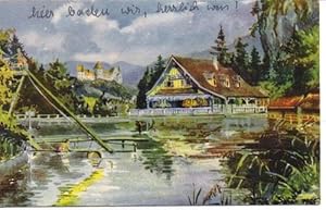 Postkarte. Badesee mit Café - Restaurant. Blick gegen Füssen