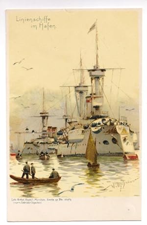 Postkarte: Linienschiffe im Hafen