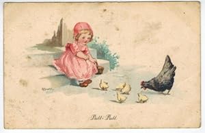 Postkarte: Putt-Putt - Kleines Mädchen füttert die Hühner