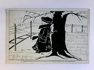 1 Postkarte: Kind als Soldat gekleidet mit Gewehr unter dem Arm, an Baum lehnend
