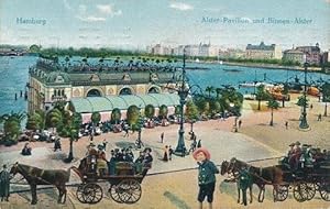 AK, alte farbige Postkarte. Ansicht von Alster-Pavillon und Binnen-Alster. Mit 2 vollen Pferdekut...