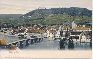 AK, alte Postkarte. Stein am Rhein Blick über Rhein und Ortschaft mit Brücke. Zart farbig koloriert.