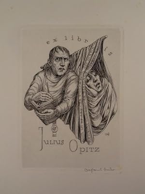 Exlibris für Julius Opitz. Motiv: Mann mit Buch neben Schlafendem unter Zelttuch. Schrift auf dem...