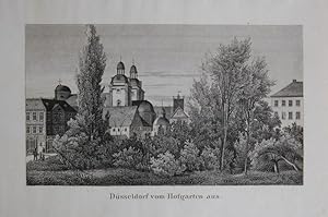 "Düsseldorf vom Hofgarten aus" - Stahlstich aus J.W. Spitz: "Das malerische und romantische Rhein...
