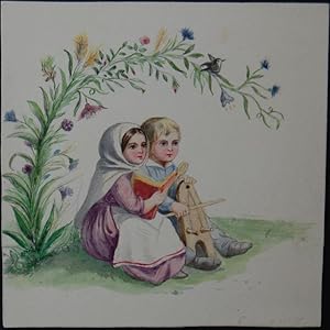 Farbige Original-Zeichnung mit zwei Kindern unter einer Blumenranke sitzend, (wahrscheinlich Prin...