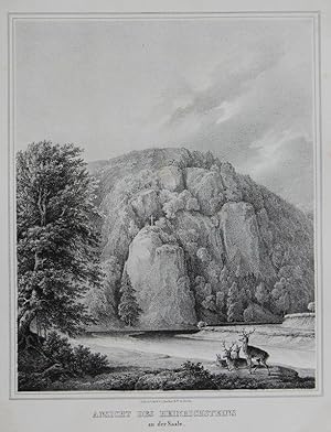 Ansicht des Heinrichsteins an der Saale. - (s./w. Lithographie von L. Sachse)