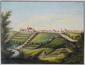 Farbige Original-Zeichnung (Aquarell-Deckfarben): Ansicht der nahen Umgebung des Schlosses, im Vo...