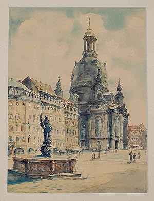 Grossformatiges Original-Aquarell der Dresdener Frauenkirche, signiert mit "eingekreistem A", dat...