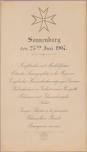 (Gedruckte Speisekarte für Prinz Eitel Friedrich von Preußen) "Sonnenburg, den 25. Juni 1907"