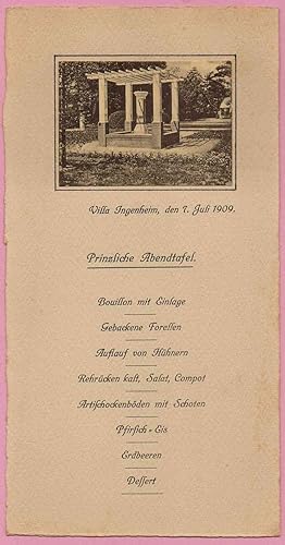 (Gedruckte Speisekarte) "Villa Ingenheim, den 7. Juli 1909"