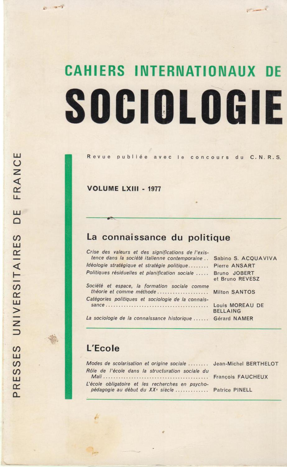 Cahiers Internationaux de Sociologie - Volume LXIII - 1977.