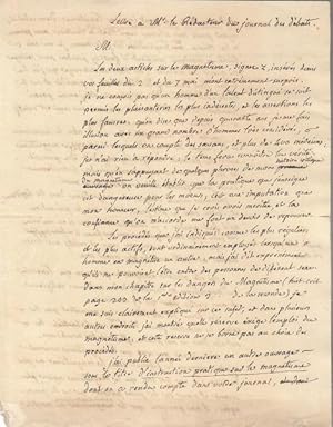 Une lettre manuscrite de Deleuze sur le magnétisme animal adressée au Journal des Débats MANUSCRIT