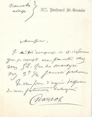 Lettre autographe de Charcot manuscrite sur son papier à en-tête 217 Boulevard St-Germain