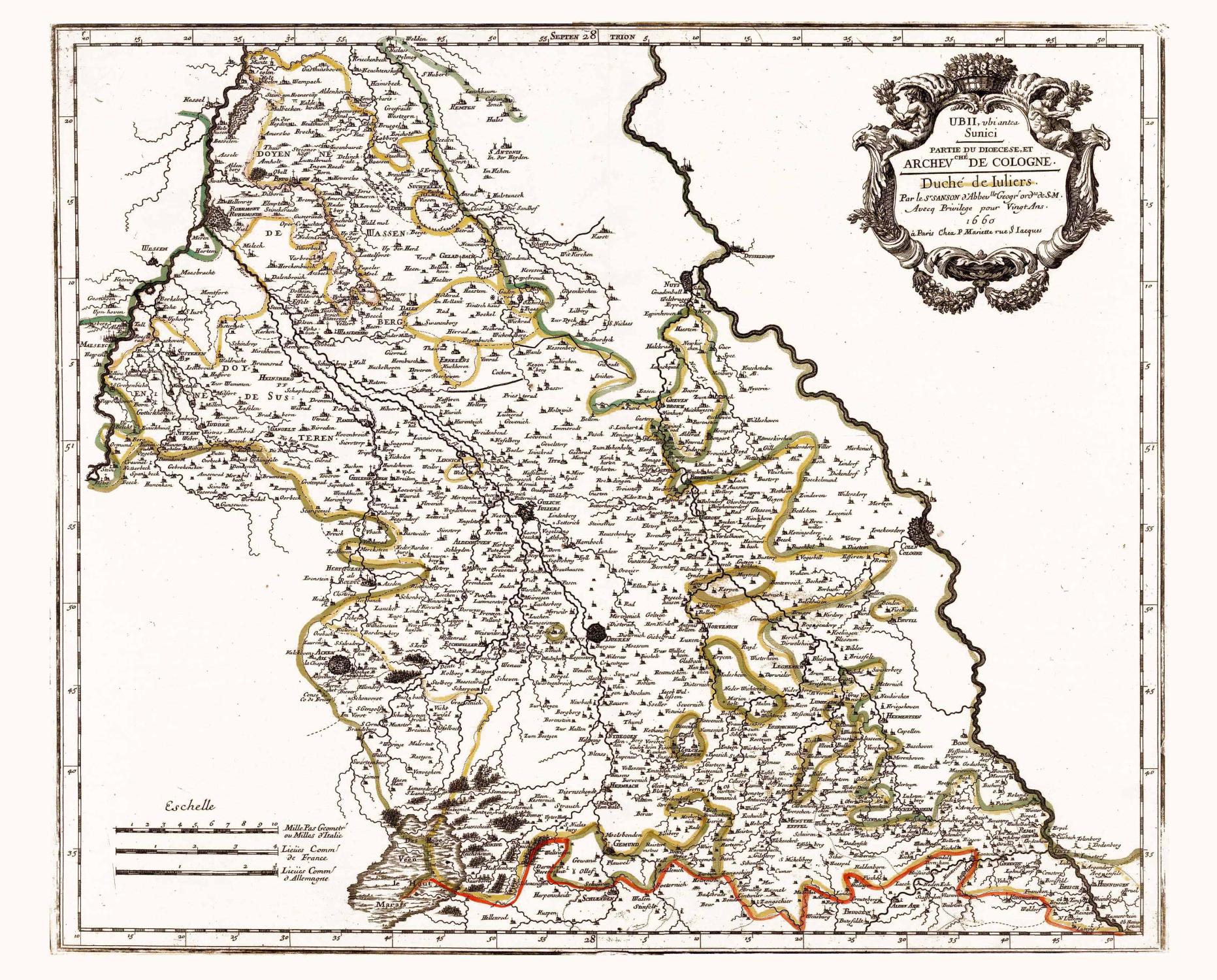 Ubii, ubi antea Sunici/Partie Du Dioecese, Et Archevché De Cologne./Duché de Iuliers. Par le Sr Sanson d'Abbeville Geogr. ordre de S.M. Avecq Privilege pour Vingt Ans. 1660 à Paris Chez P. Mariette rue S Iacques':. - JÜLICH