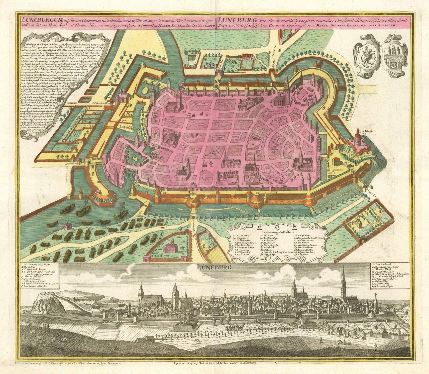 Gesamtansicht; darüber Stadtplan mit Befestigungsanlage und