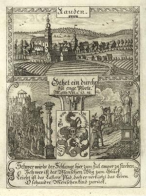 Gesamtansicht; unter dem Blatt Allegorien und Wappen der Familie von Nimptsch ('Rauden.').