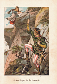 In den Bergen der Martinswand Jäger Mittelalter Larp Original Chromolithographie 1889 Lithography
