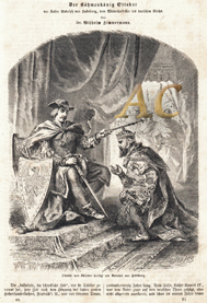 Ottokar II. von Böhmen huldigt Rudolf I. von Habsburg Original Stich 1863 Engraving