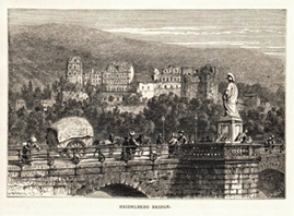 Heidelberg Brücke Schloss Original Stich 1880 Engraving