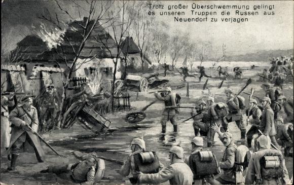 Ansichtskarte / Postkarte Trotz großer Überschwemmung gelingt es deutschen Truppen Russen aus Neuendorf zu verjagen, I. WK