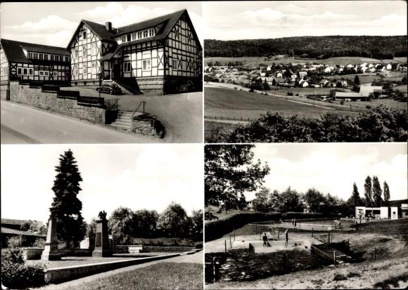Ansichtskarte / Postkarte Berndorf Twistetal Waldeck Frankenberg in Hessen, Gasthaus, Total, Gedenkstein, Freibad