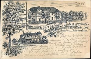 Litho Mühltal im Odenwald Hessen, Restauration zum Schweizerhaus