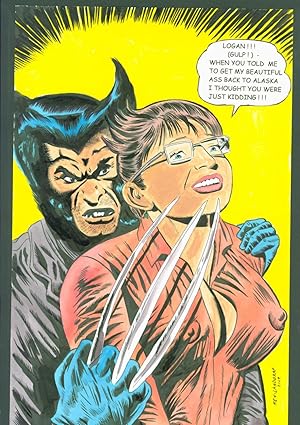 KEN LANDGRAF original art Wolverine with Sarah Palin full color artwork 11 by 17 Comic Book