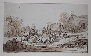 Ländliche Szene mit Rindern und Ziegen auf der Weide vor einem Bauernhaus. Lavierte Bisterzeichnu...